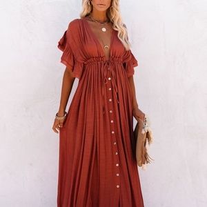 Vici - Terracotta Boho Pocketed Ruffle Maxi